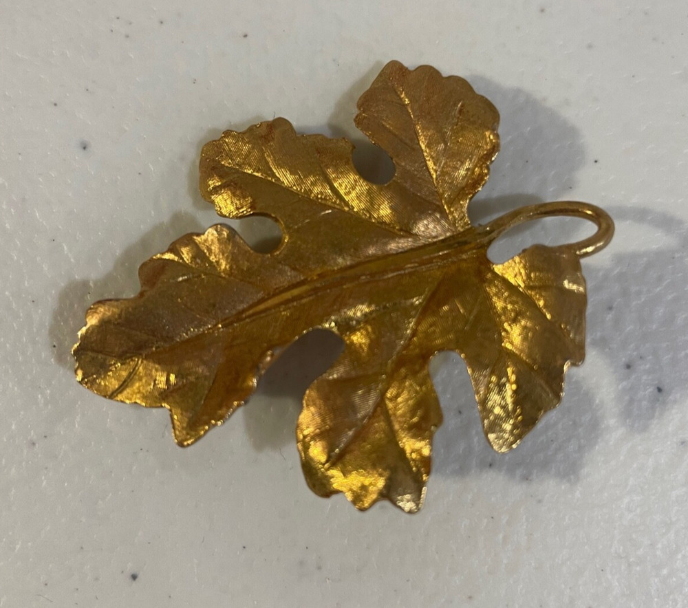 Brushed Gold Tone Metal Leaf Brooch Vintage Fall 2.5 Inch Costume Career Office
